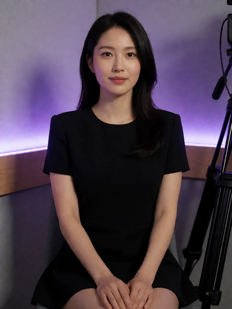 虚构成年东亚女主播穿黑色短裙坐在安静的直播摄影棚角落